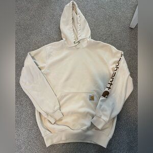 Cream men’s Carhartt loose fit hoodie sweatshirt size small.